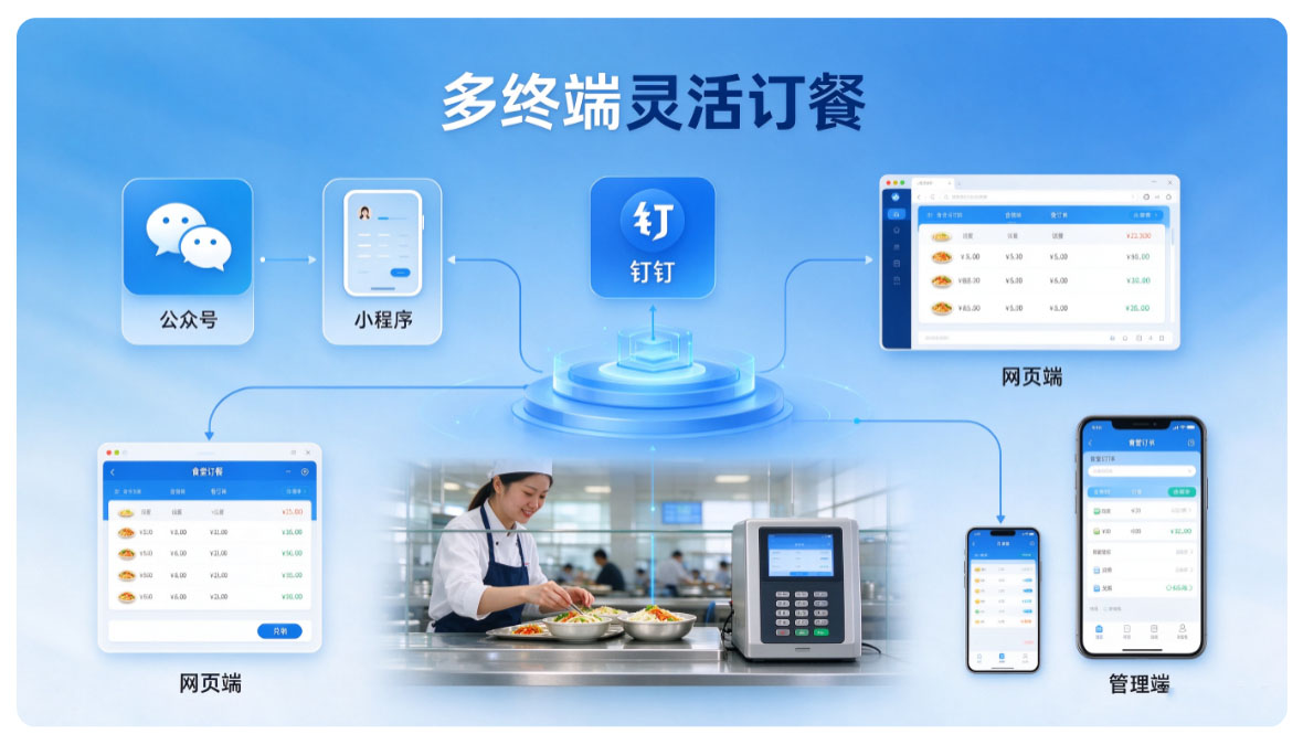 食堂订餐系统多终端入口，公众号 / 小程序 / APP / 钉钉多渠道灵活订餐